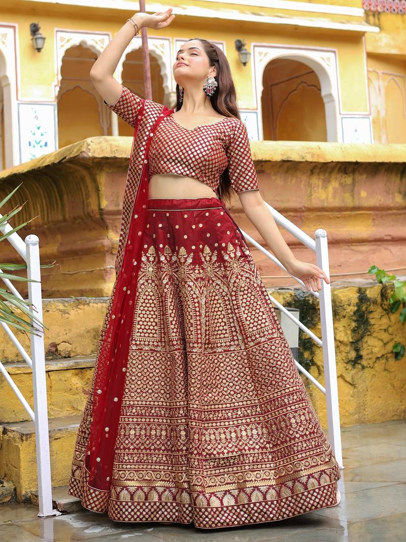 Beautiful Maroon Sequins Raw Silk Bridal Lehenga Choli With Dupatta