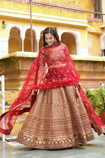 maroon sequins raw silk bridal lehenga set choli with dupatta with dupatta