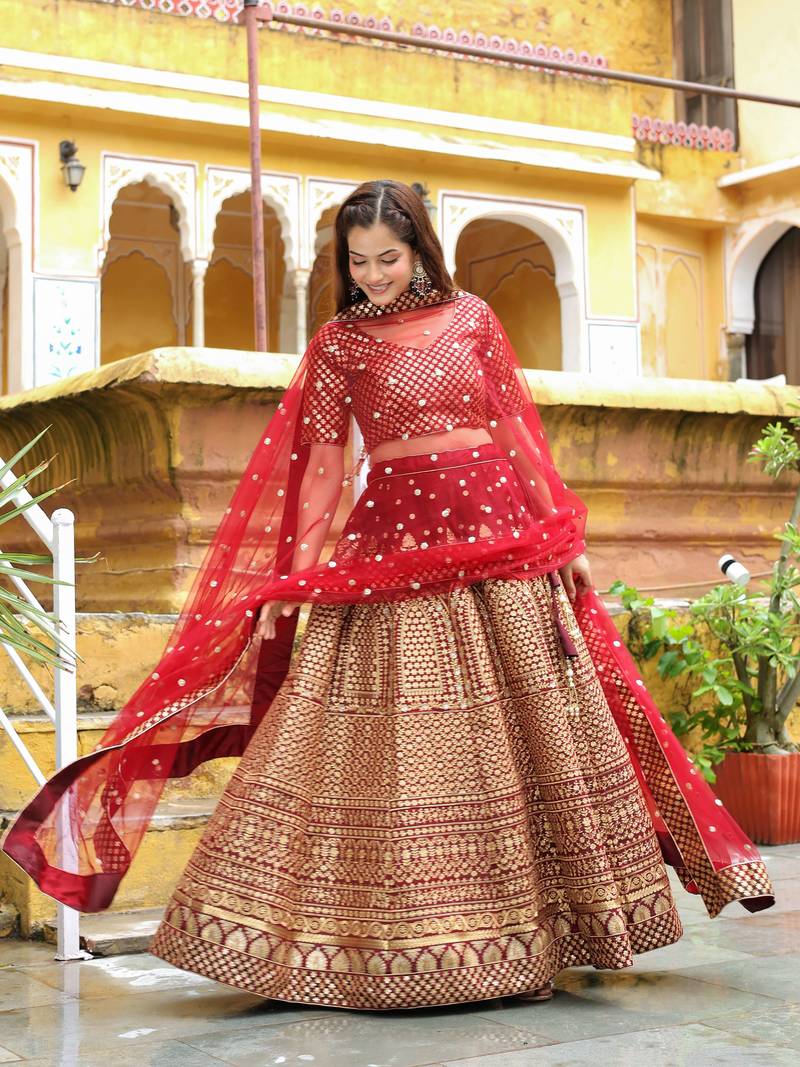 Beautiful Maroon Sequins Raw Silk Bridal Lehenga Choli With Dupatta
