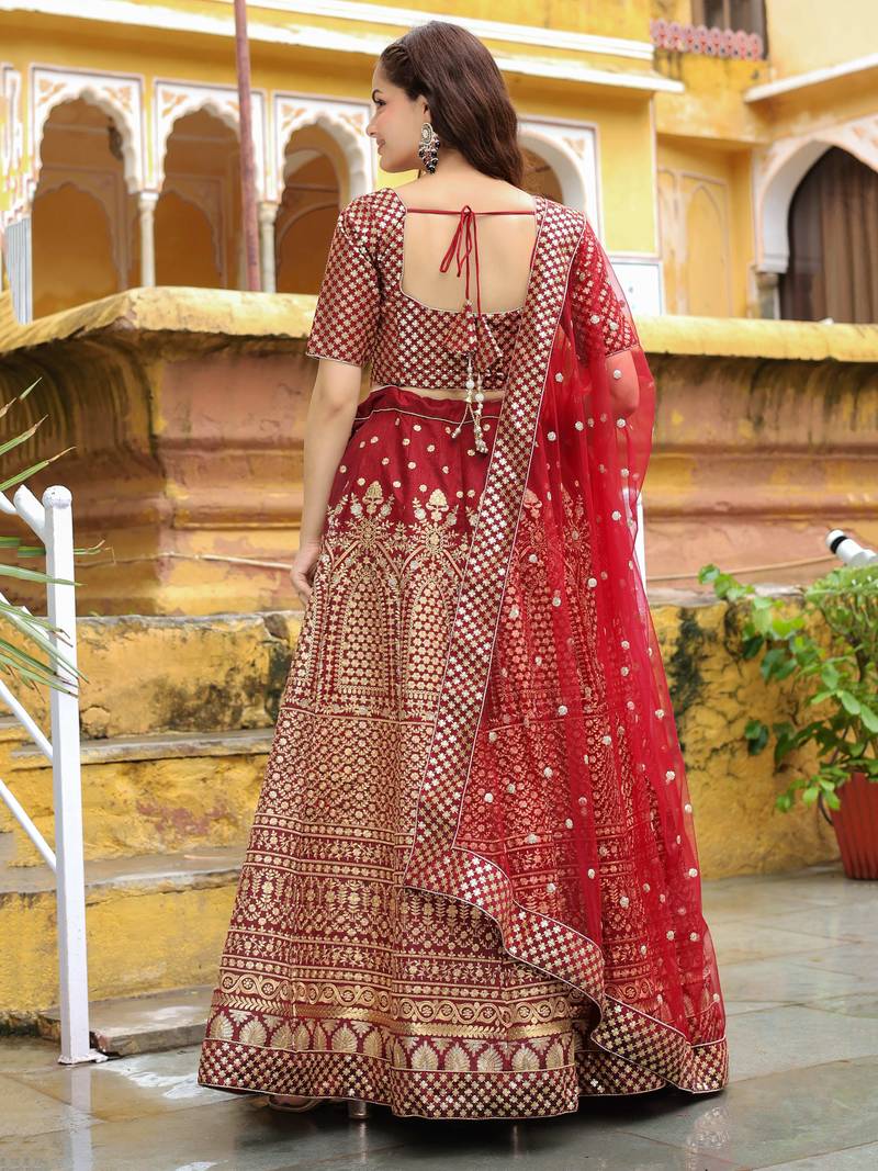 Beautiful Maroon Sequins Raw Silk Bridal Lehenga Choli With Dupatta