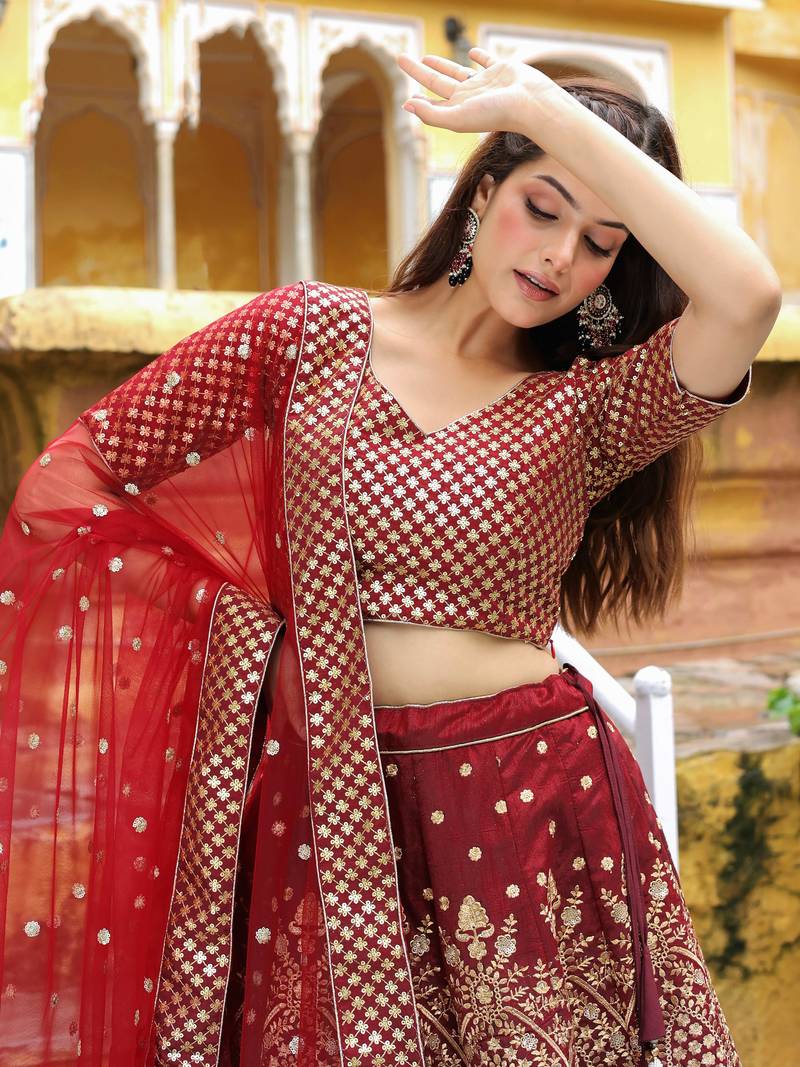 Beautiful Maroon Sequins Raw Silk Bridal Lehenga Choli With Dupatta