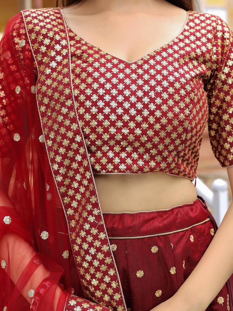 Beautiful Maroon Sequins Raw Silk Bridal Lehenga Choli With Dupatta