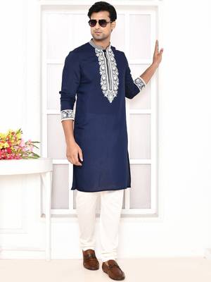 cotton blend resham thread yoke design blue festive regular kurta for men 1