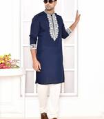 cotton blend resham thread yoke design blue festive regular kurta for men
