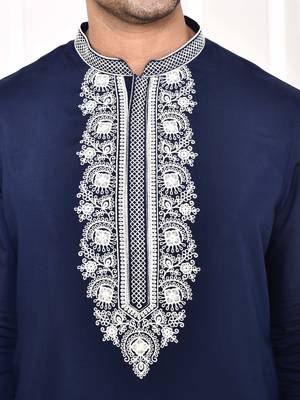 cotton blend resham thread yoke design blue festive regular kurta for men 2