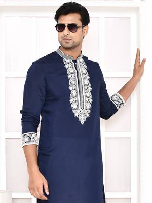 cotton blend resham thread yoke design blue festive regular kurta for men 3