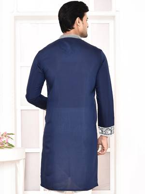cotton blend resham thread yoke design blue festive regular kurta for men 4