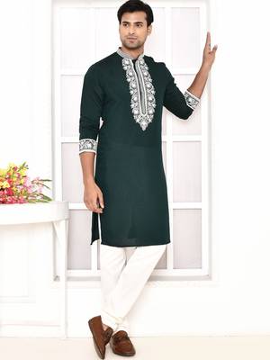 cotton blend resham thread yoke design green festive regular kurta for men 1