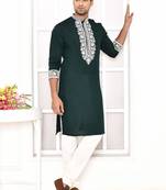 cotton blend resham thread yoke design green festive regular kurta for men
