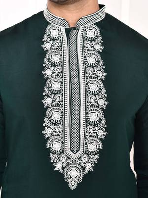 cotton blend resham thread yoke design green festive regular kurta for men 2