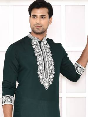 cotton blend resham thread yoke design green festive regular kurta for men 3