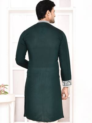 cotton blend resham thread yoke design green festive regular kurta for men 4