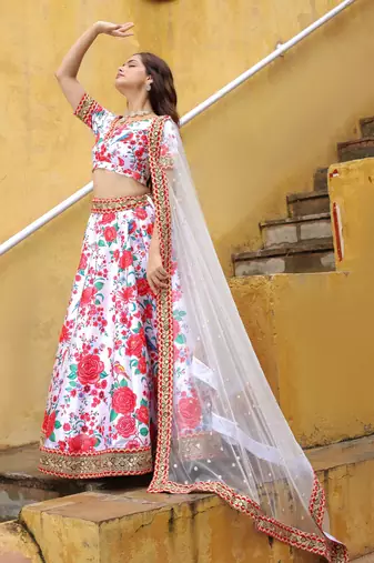 off white art silk sequins work lehenga with embroidered net dupatta
