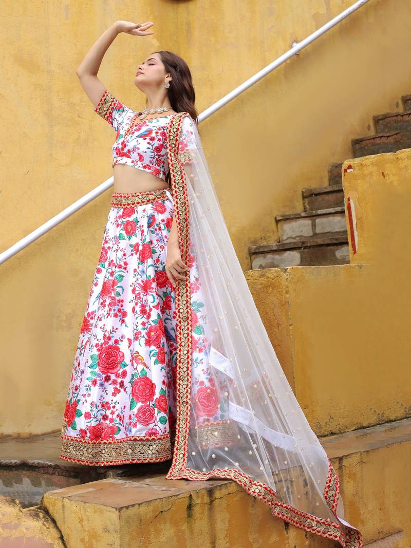 Off White Art Silk Sequins Work Lehenga with Embroidered Net Dupatta