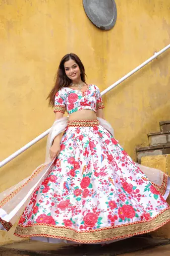 off white art silk sequins work lehenga with embroidered net dupatta