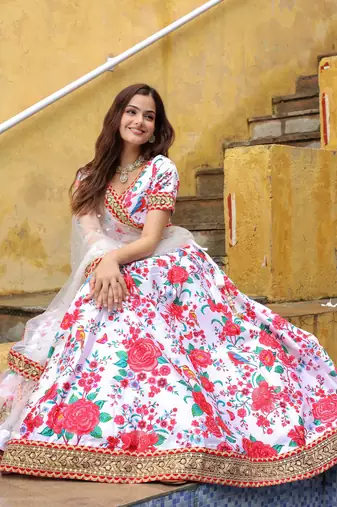 off white art silk sequins work lehenga with embroidered net dupatta