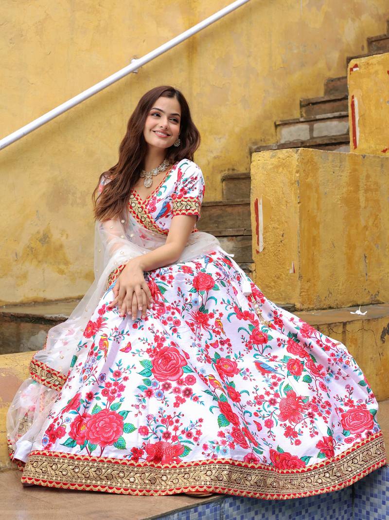 Off White Art Silk Sequins Work Lehenga with Embroidered Net Dupatta