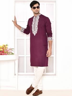 Maahi fabs cotton blend resham thread yoke design purple festive regular kurta for men 1