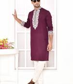 Maahi fabs cotton blend resham thread yoke design purple festive regular kurta for men