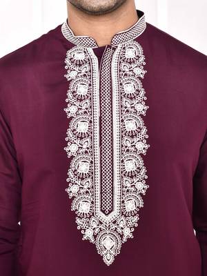 Maahi fabs cotton blend resham thread yoke design purple festive regular kurta for men 2