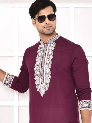 Maahi fabs cotton blend resham thread yoke design purple festive regular kurta for men 3