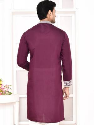 Maahi fabs cotton blend resham thread yoke design purple festive regular kurta for men 4