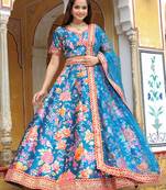 Outstanding Teal Blue Floral Printed Art Silk Wedding Lehenga Choli