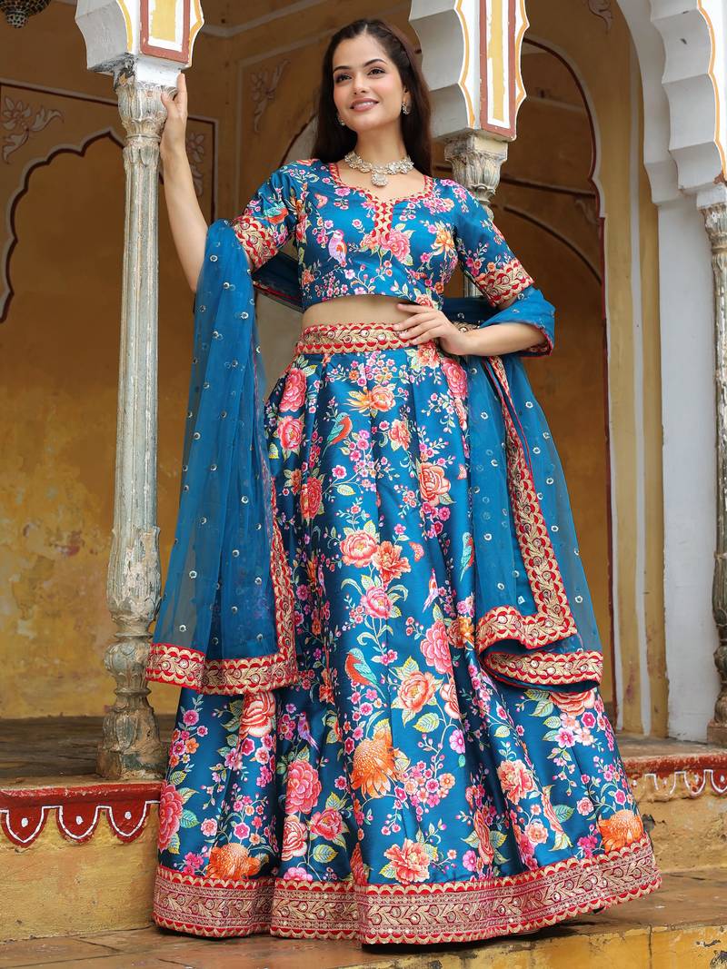 Outstanding Teal Blue Floral Printed Art Silk Wedding Lehenga Choli