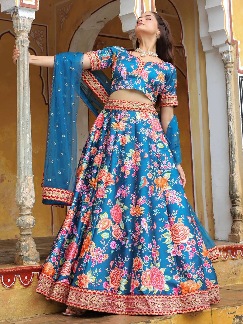 Outstanding Teal Blue Floral Printed Art Silk Wedding Lehenga Choli