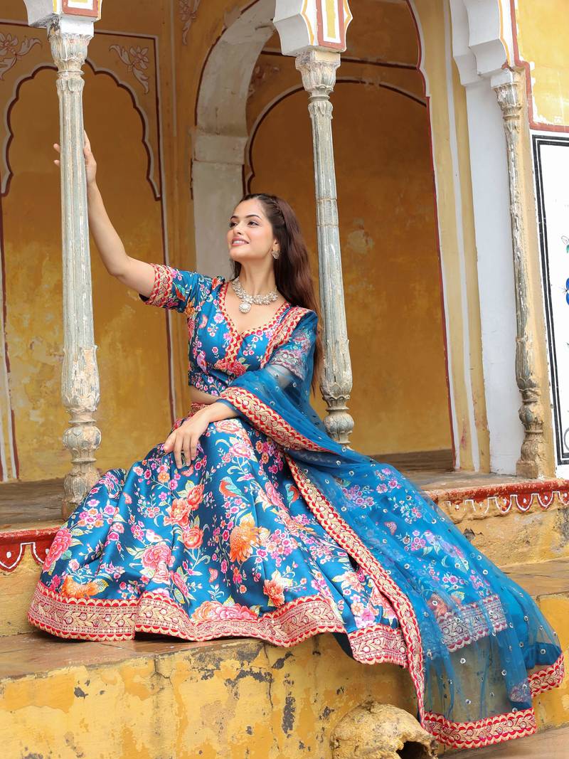 Outstanding Teal Blue Floral Printed Art Silk Wedding Lehenga Choli