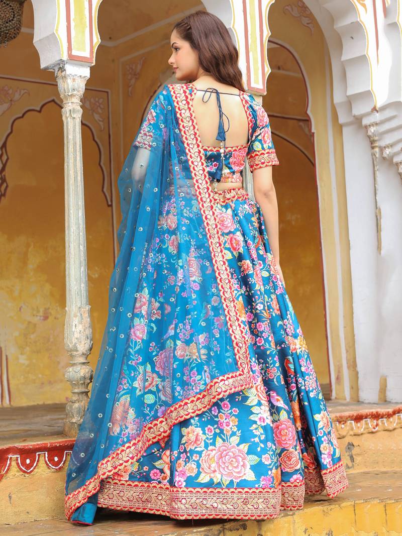 Outstanding Teal Blue Floral Printed Art Silk Wedding Lehenga Choli