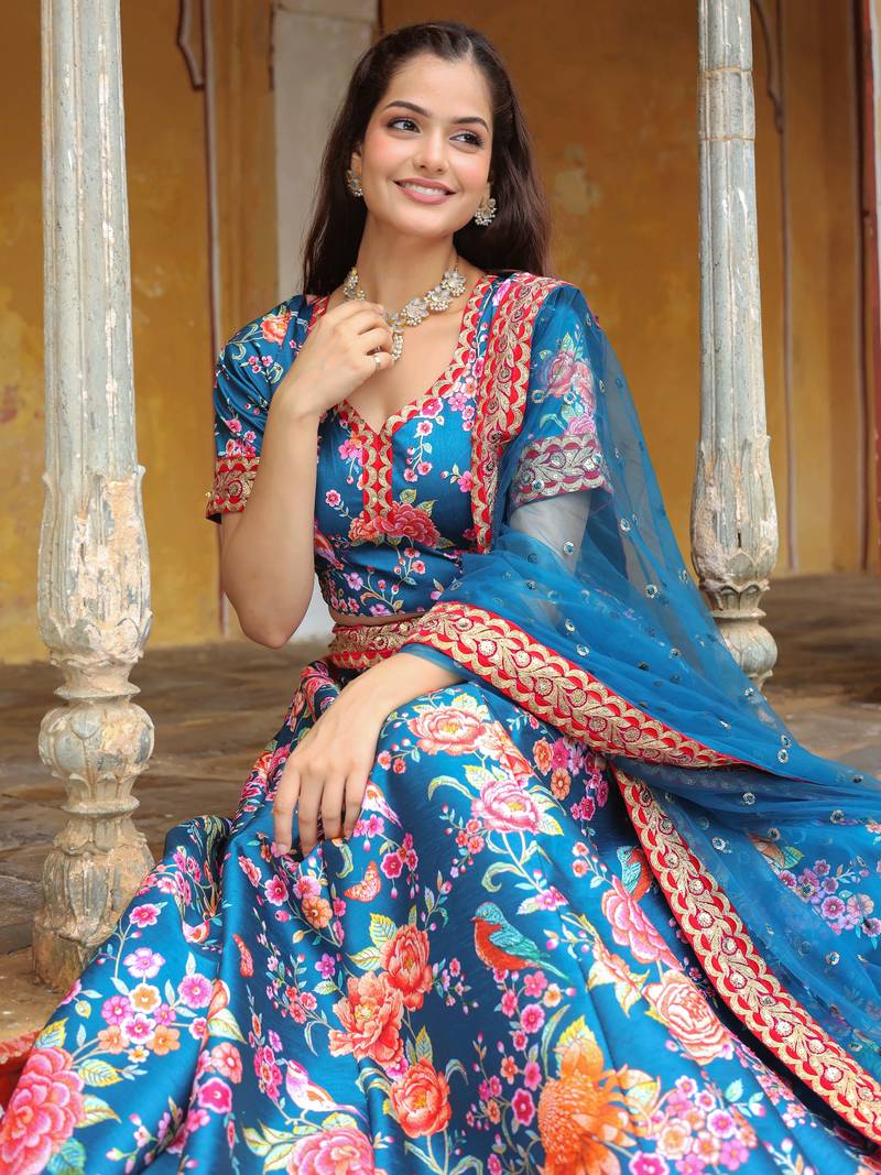 Outstanding Teal Blue Floral Printed Art Silk Wedding Lehenga Choli