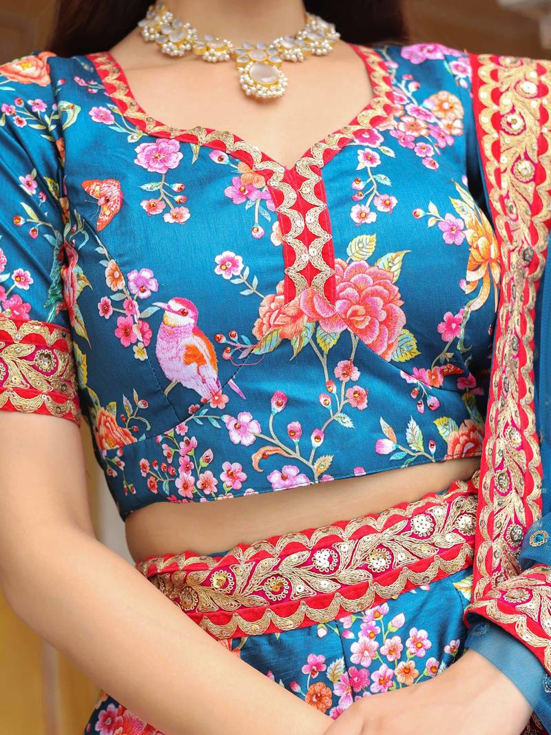 Outstanding Teal Blue Floral Printed Art Silk Wedding Lehenga Choli