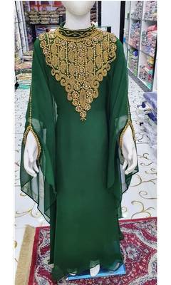 Green Kids Girls Kaftan Georgette Embroidered Stone work Stitched Dress Party Wear Wedding Dresses 1