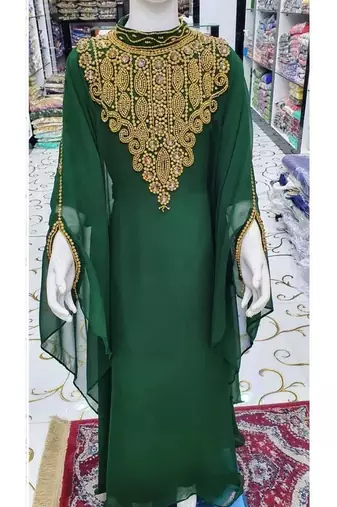 Green Kids Girls Kaftan Georgette Embroidered Stone work Stitched Dress Party Wear Wedding Dresses