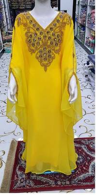Yellow Kids Girls Kaftan Georgette Embroidered Stone work Stitched Dress Party Wear Wedding Dresses 1