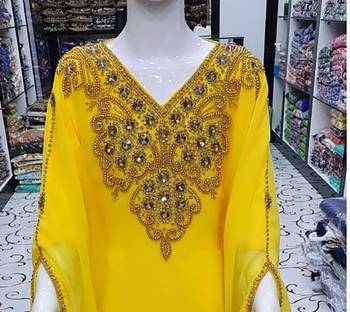 Yellow Kids Girls Kaftan Georgette Embroidered Stone work Stitched Dress Party Wear Wedding Dresses 2