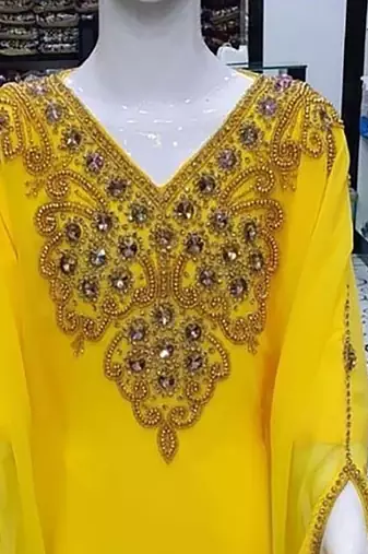 Yellow Kids Girls Kaftan Georgette Embroidered Stone work Stitched Dress Party Wear Wedding Dresses