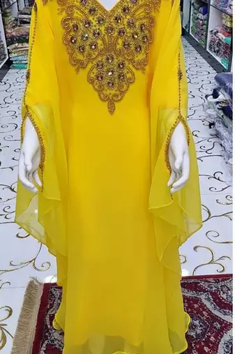 Yellow Kids Girls Kaftan Georgette Embroidered Stone work Stitched Dress Party Wear Wedding Dresses