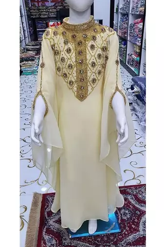 Beige Georgette Zari Work Kids Kaftan Dress 