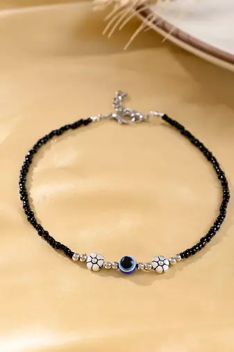 Black beads evil eye anklet