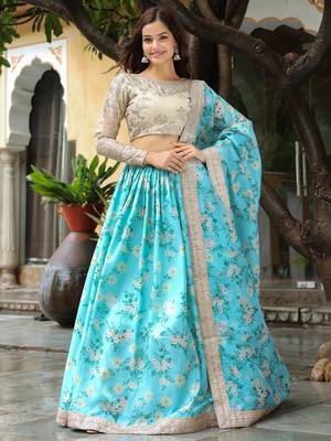 Beautiful Sky Blue and beige Floral Print Organza Lehenga Choli With Dupatta 1