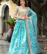Beautiful Sky Blue and beige Floral Print Organza Lehenga Choli With Dupatta