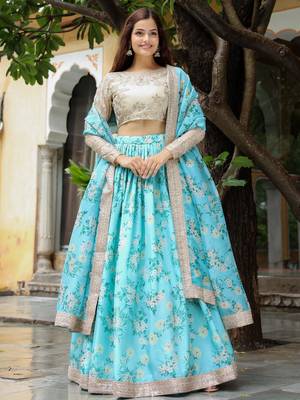 Beautiful Sky Blue and beige Floral Print Organza Lehenga Choli With Dupatta 3