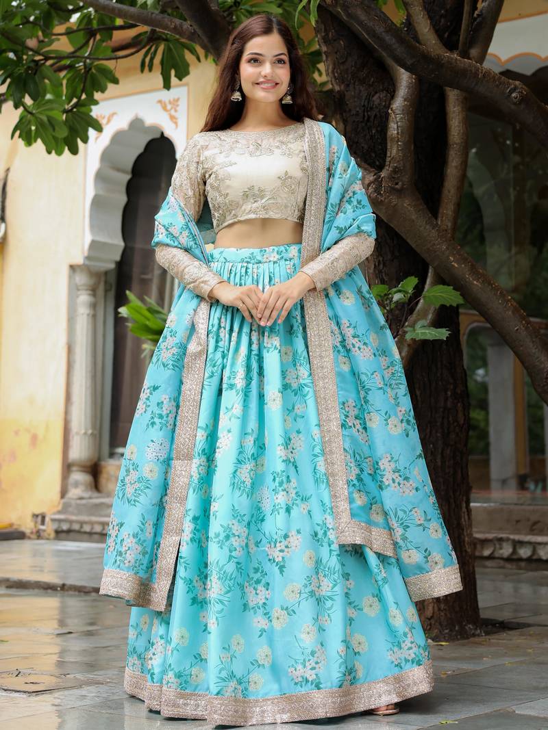 Beautiful Sky Blue and beige Floral Print Organza Lehenga Choli With Dupatta