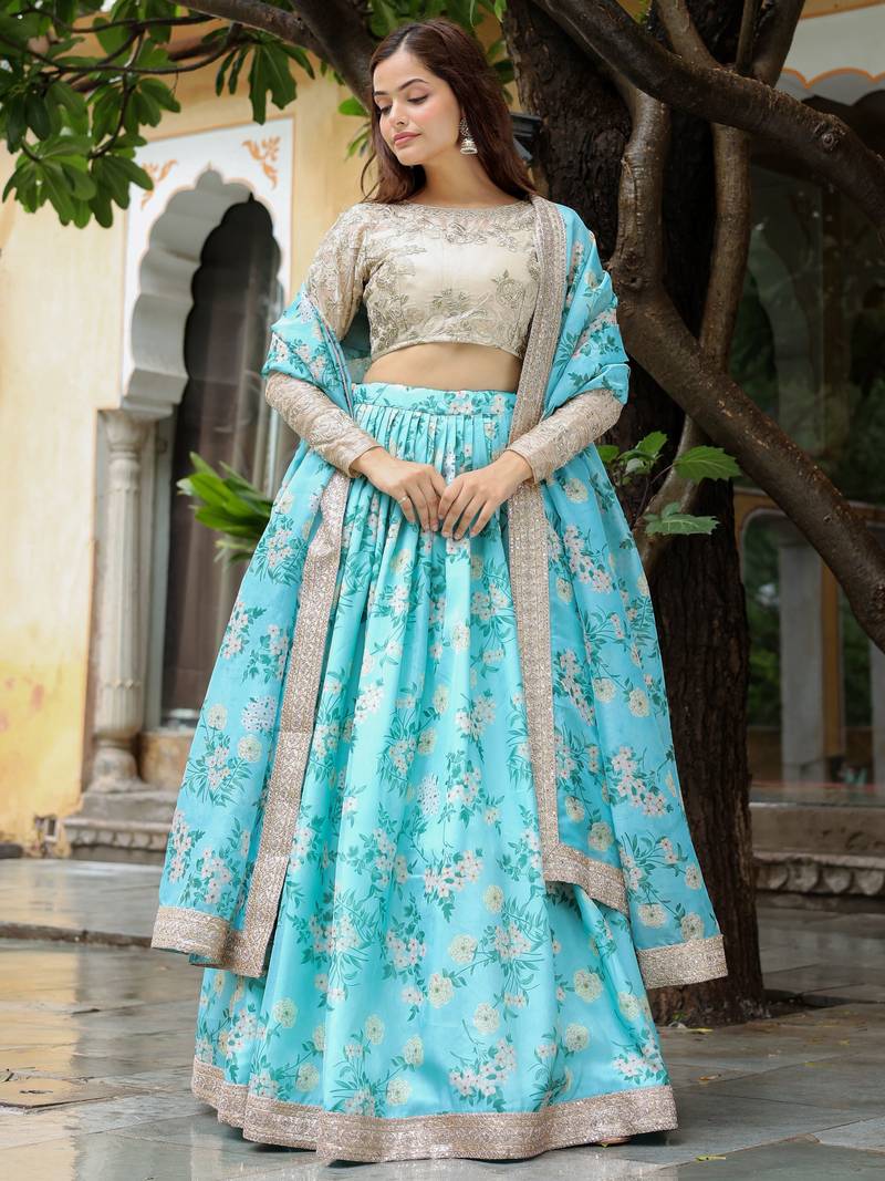 Beautiful Sky Blue and beige Floral Print Organza Lehenga Choli With Dupatta