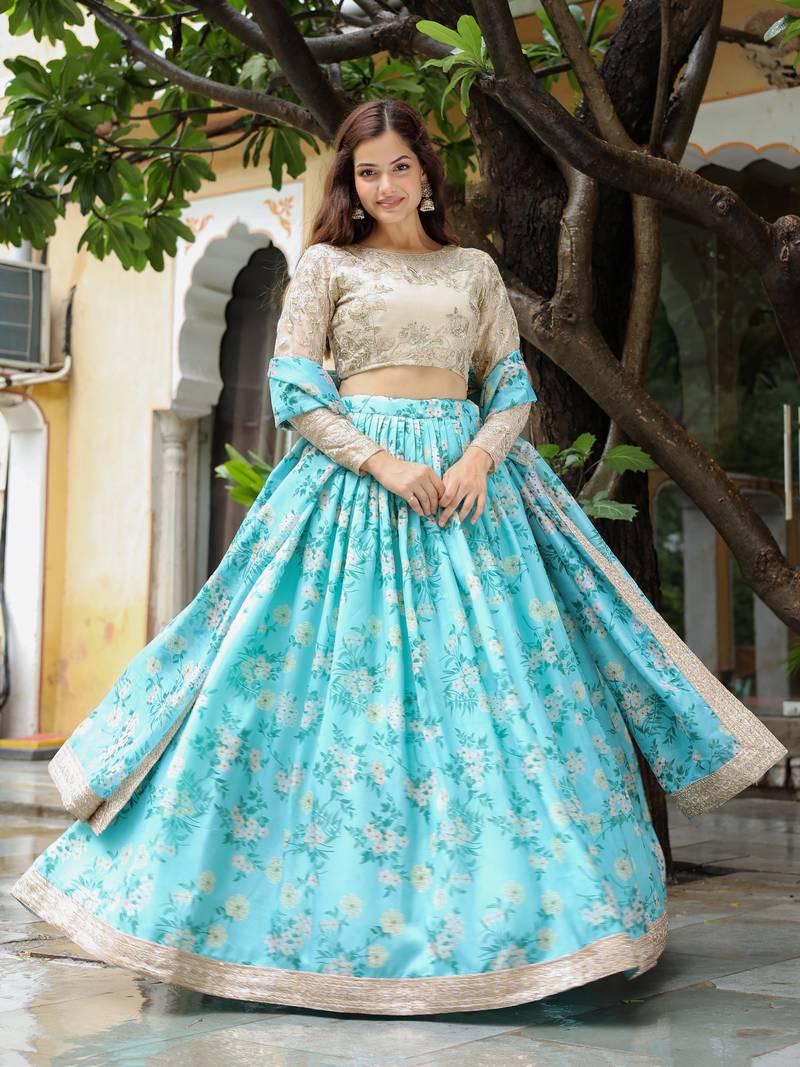 Beautiful Sky Blue and beige Floral Print Organza Lehenga Choli With Dupatta