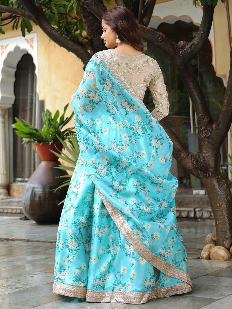 Beautiful Sky Blue and beige Floral Print Organza Lehenga Choli With Dupatta