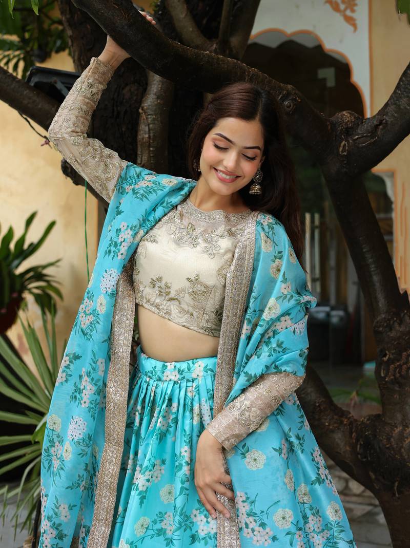 Beautiful Sky Blue and beige Floral Print Organza Lehenga Choli With Dupatta