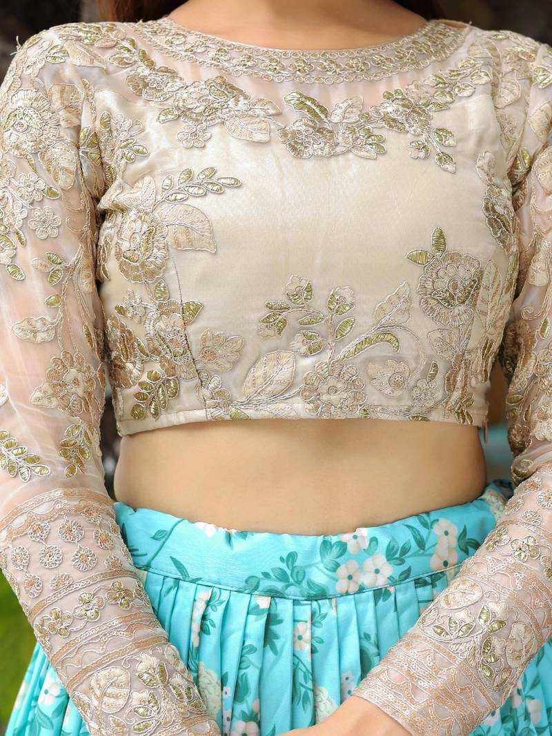 Beautiful Sky Blue and beige Floral Print Organza Lehenga Choli With Dupatta